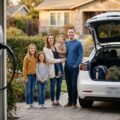 Familie mit drei Kindern lädt Gepäck in ein Elektroauto an einer Wallbox – Familien-Elektroauto mit 7 Sitzen im Alltag