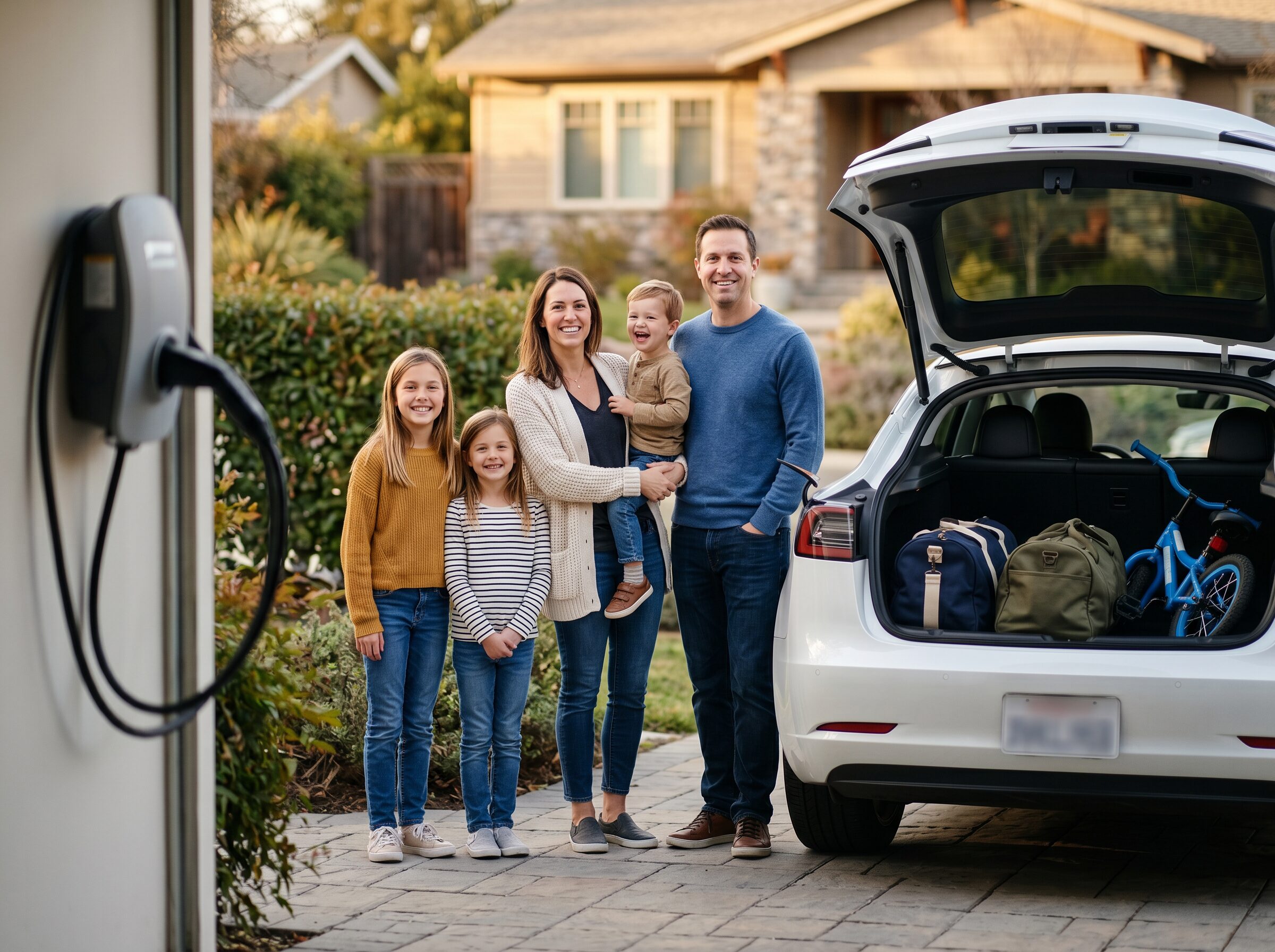 Familie mit drei Kindern lädt Gepäck in ein Elektroauto an einer Wallbox – Familien-Elektroauto mit 7 Sitzen im Alltag
