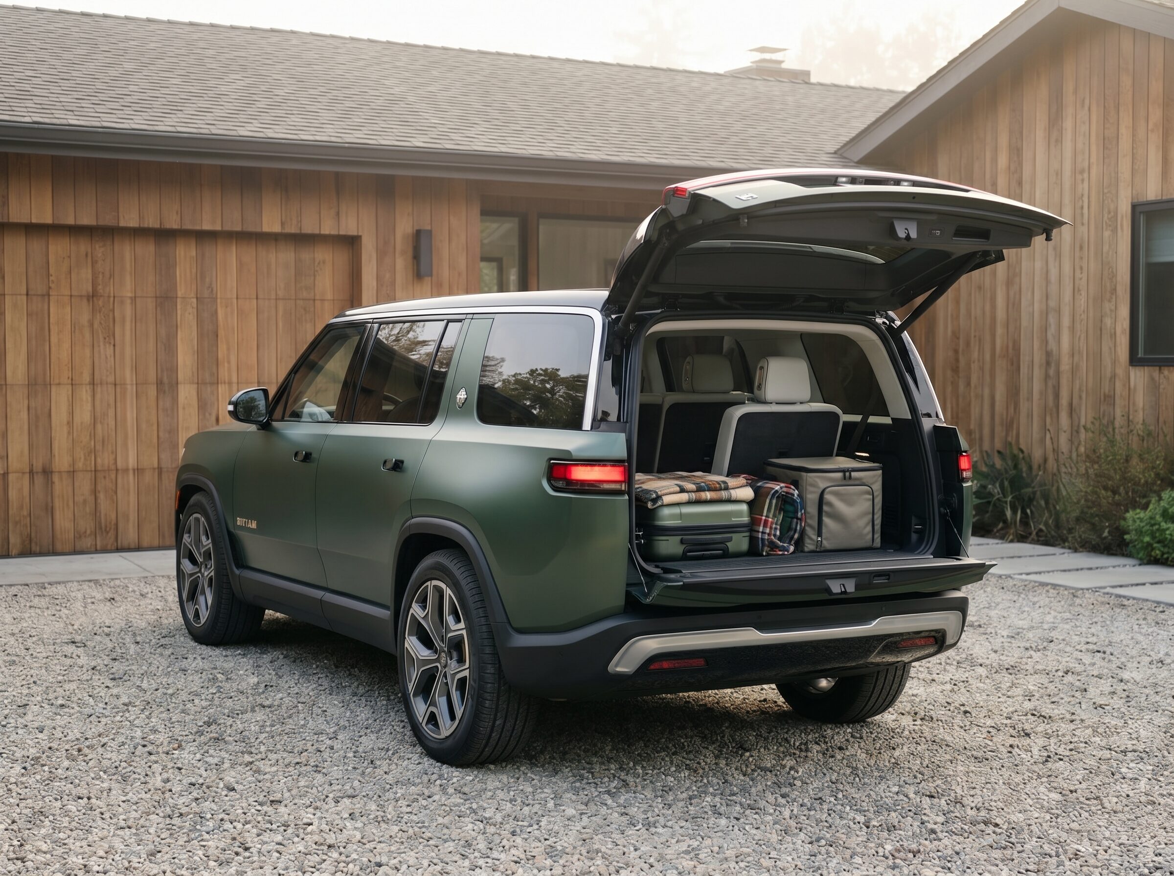Großer Elektro-SUV mit geöffneter Heckklappe und sichtbarer dritter Sitzreihe – Familien-Elektroauto mit 7 Sitzen im SUV-Format