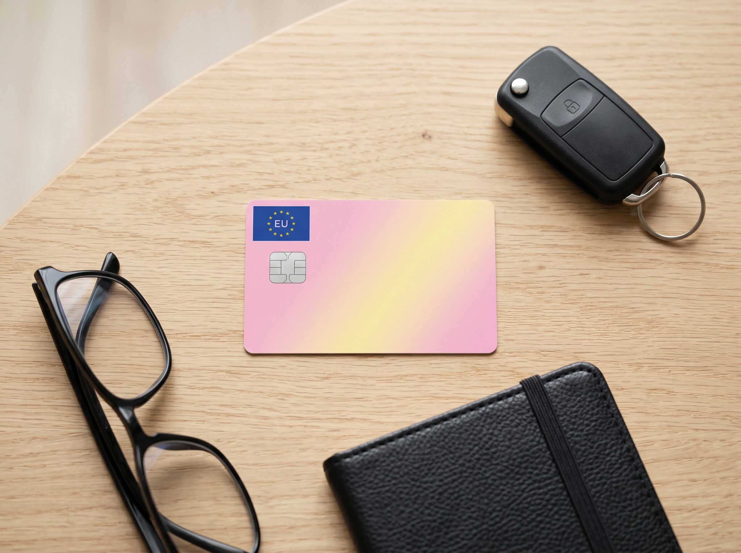 EU-Führerschein im Scheckkartenformat auf Holztisch mit Autoschlüssel, Brille und Notizbuch