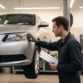 Kfz-Mechaniker prüft Scheinwerfer eines silbernen Pkw auf einer Hebebühne in einer sauberen Werkstatt, Klemmbrett in der Hand, warmes LED-Licht.