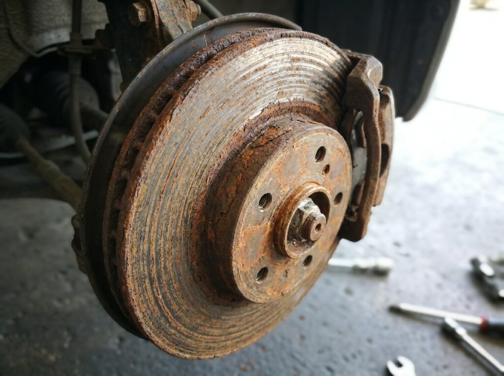 Stark verrostete Bremsscheibe mit tiefen Riefen und Kantenrost an einem Pkw-Rad, Bremssattel und verschlissener Bremsbelag sichtbar, Tageslicht seitlich.