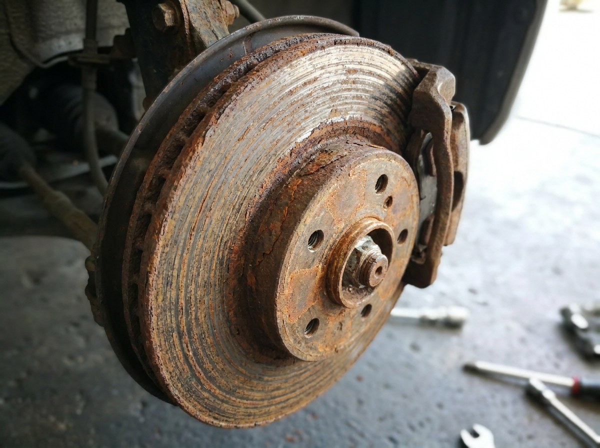 Stark verrostete Bremsscheibe mit tiefen Riefen und Kantenrost an einem Pkw-Rad, Bremssattel und verschlissener Bremsbelag sichtbar, Tageslicht seitlich.
