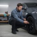 Ein Mann prüft die Profiltiefe eines Winterreifens, der an einem Auto in einer Garage montiert ist.