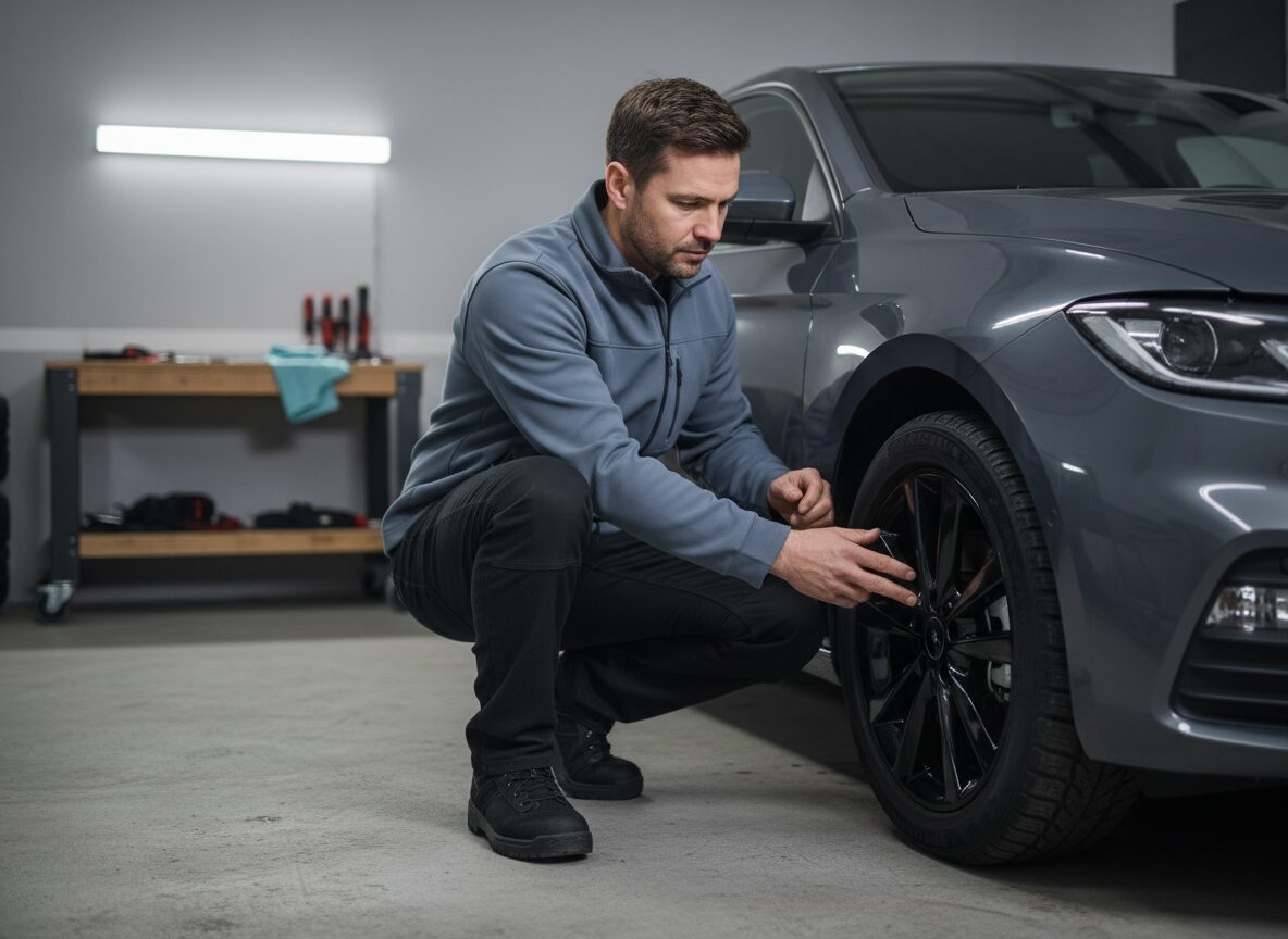 Ein Mann prüft die Profiltiefe eines Winterreifens, der an einem Auto in einer Garage montiert ist.