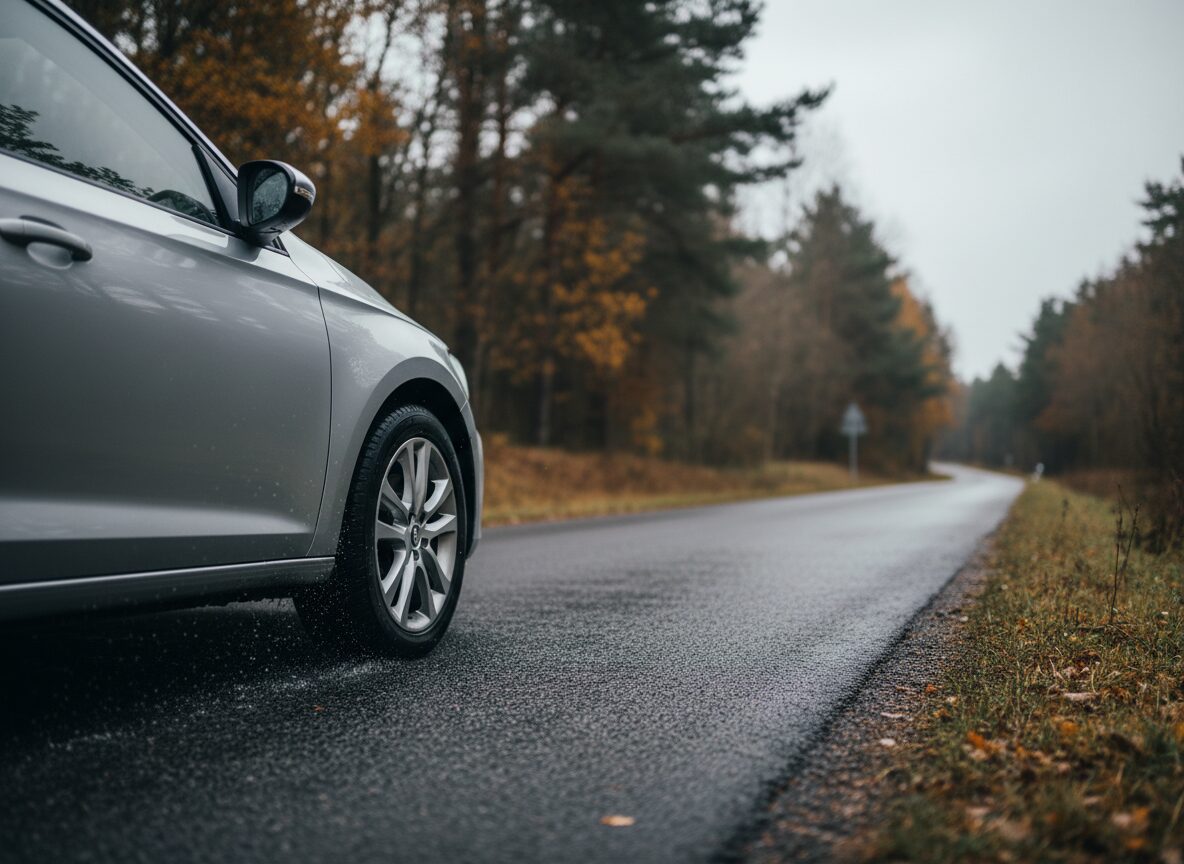 Ein Auto mit Ganzjahresreifen fährt auf einer nassen Landstraße im Herbst.