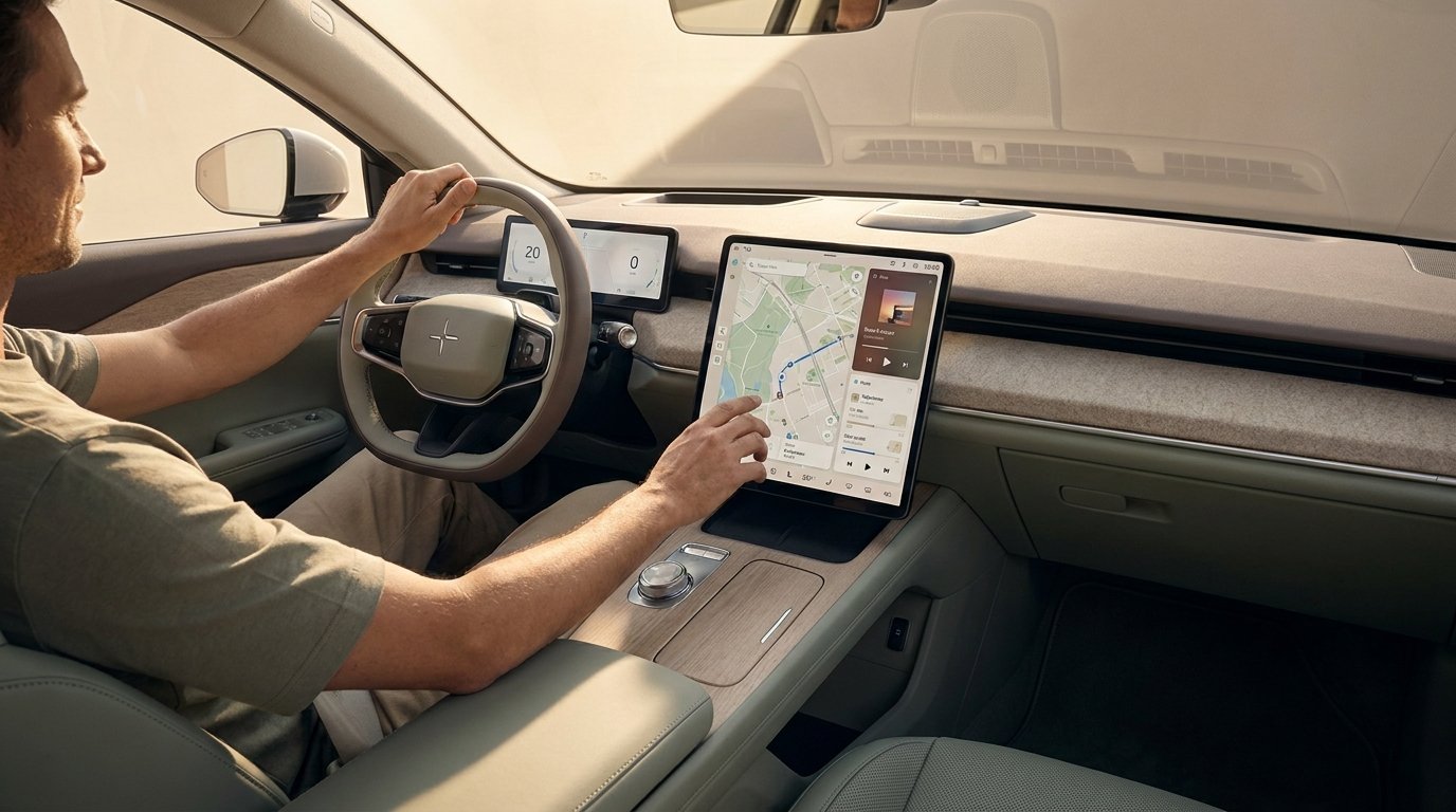 Klimaanlage im Auto einstellen: entspannte Fahrt an einem sonnigen Sommertag in einem modernen Innenraum