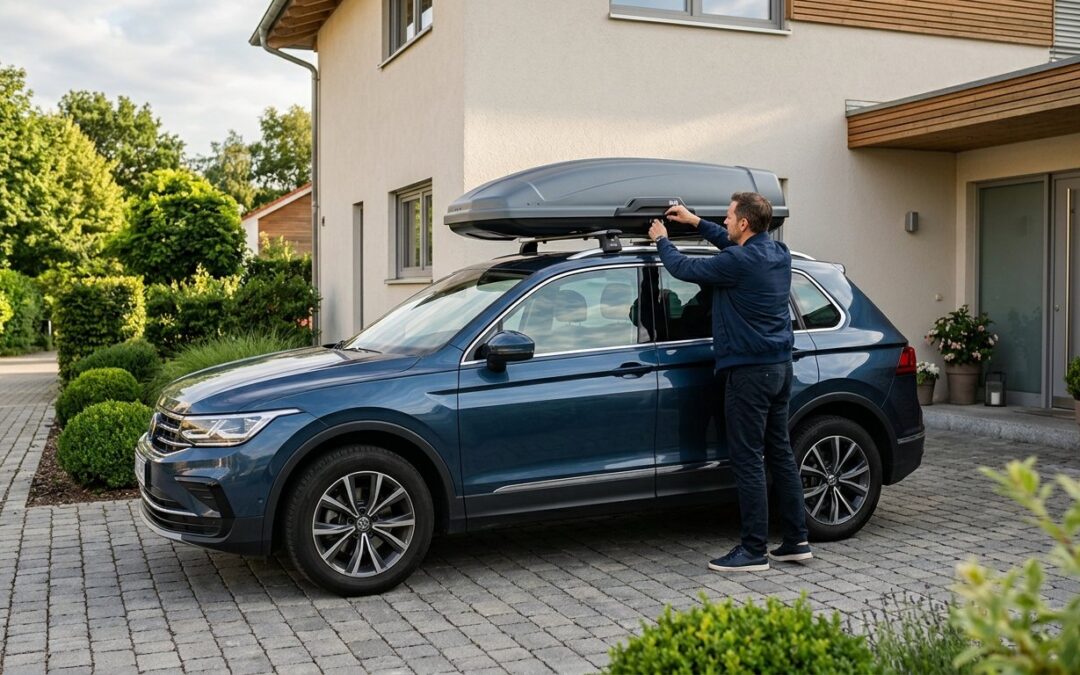 Dachbox montieren: ein modernes Auto mit geschlossener Dachbox auf dem Grundträger, eine Person prüft den Verschluss