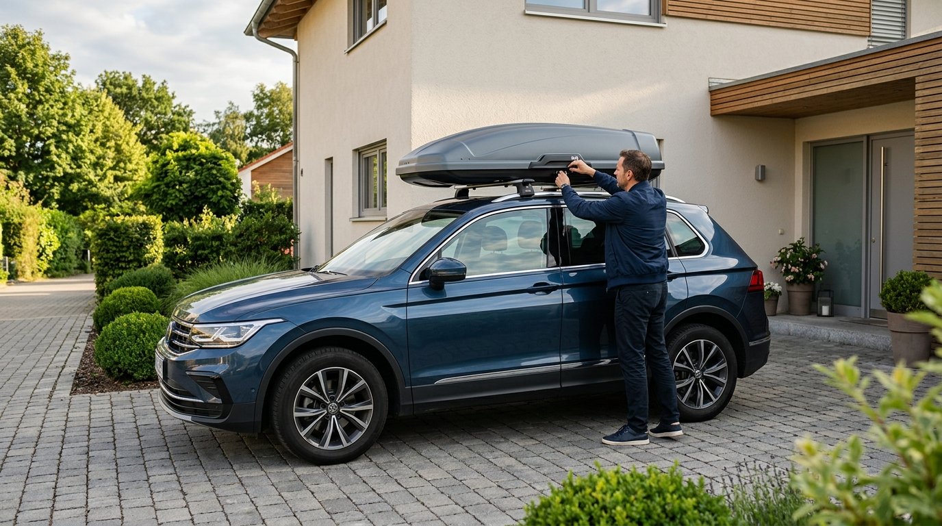 Dachbox montieren: ein modernes Auto mit geschlossener Dachbox auf dem Grundträger, eine Person prüft den Verschluss