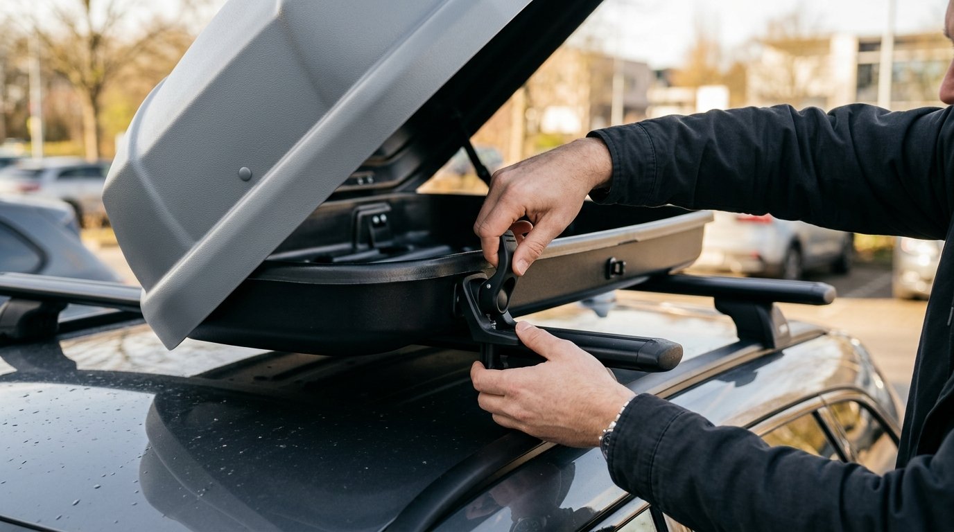 Dachbox befestigen: Hände ziehen die Box mit einem Schnellspanner am Grundträger auf dem Autodach fest