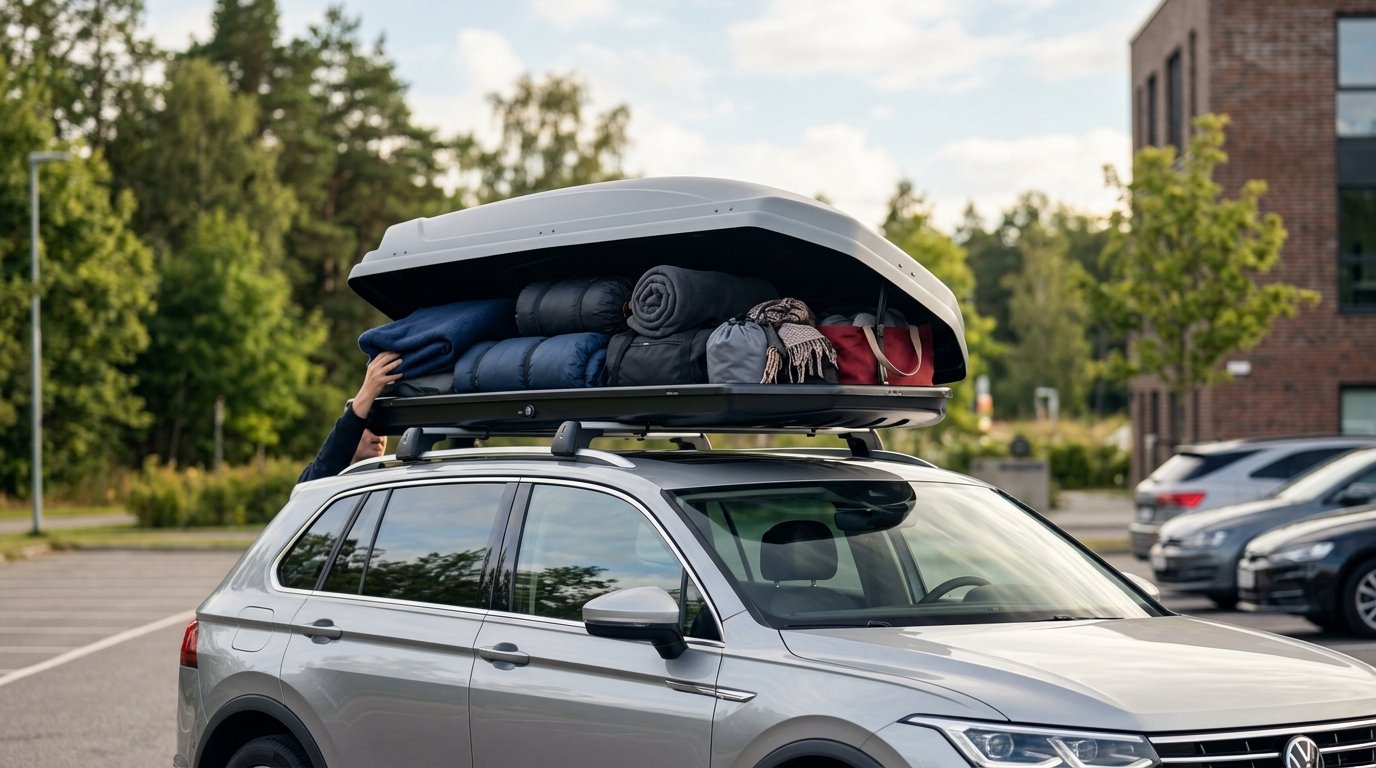 Dachbox beladen: eine offene Dachbox auf dem Autodach wird mit weichem Reisegepäck gleichmäßig gefüllt