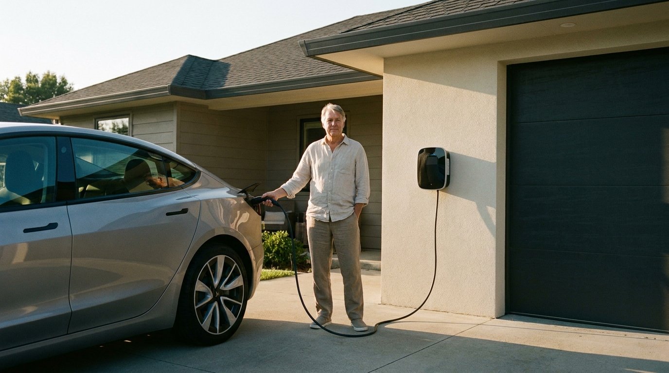 Elektroauto Grundlagen: eine Person lädt ein modernes Elektroauto an der heimischen Wallbox in der Einfahrt