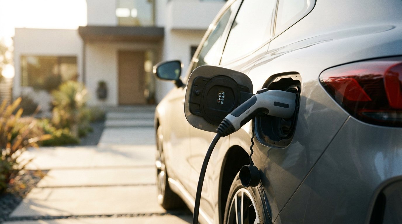 Elektroauto laden: das Ladekabel steckt im seitlichen Ladeanschluss eines modernen Elektroautos in der Einfahrt