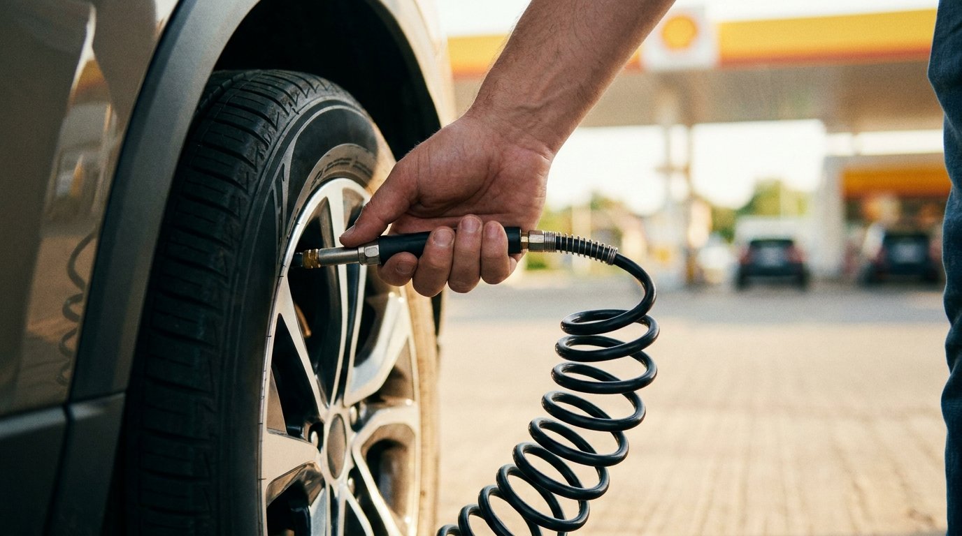 Reifen an der Luftstation der Tankstelle auffüllen, der Schlauch führt zum Rad eines modernen Autos