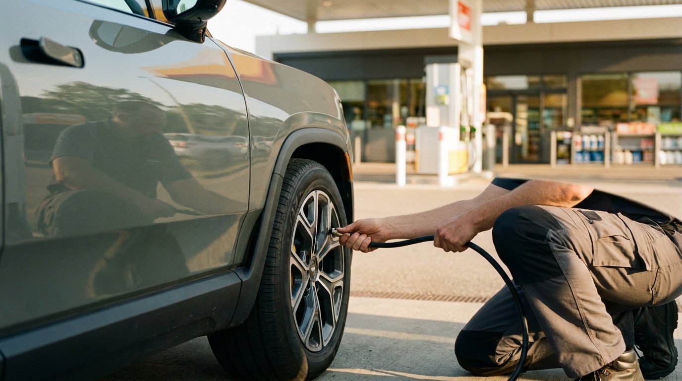 Reifendruck prüfen an der Tankstelle: eine Person setzt den Luftschlauch am Vorderrad eines modernen Autos an