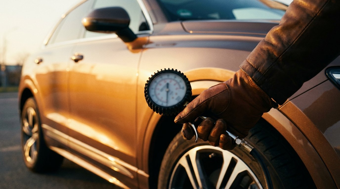 Reifendruck im kalten Zustand messen mit einem analogen Reifendruckprüfer am Ventil eines modernen Autos