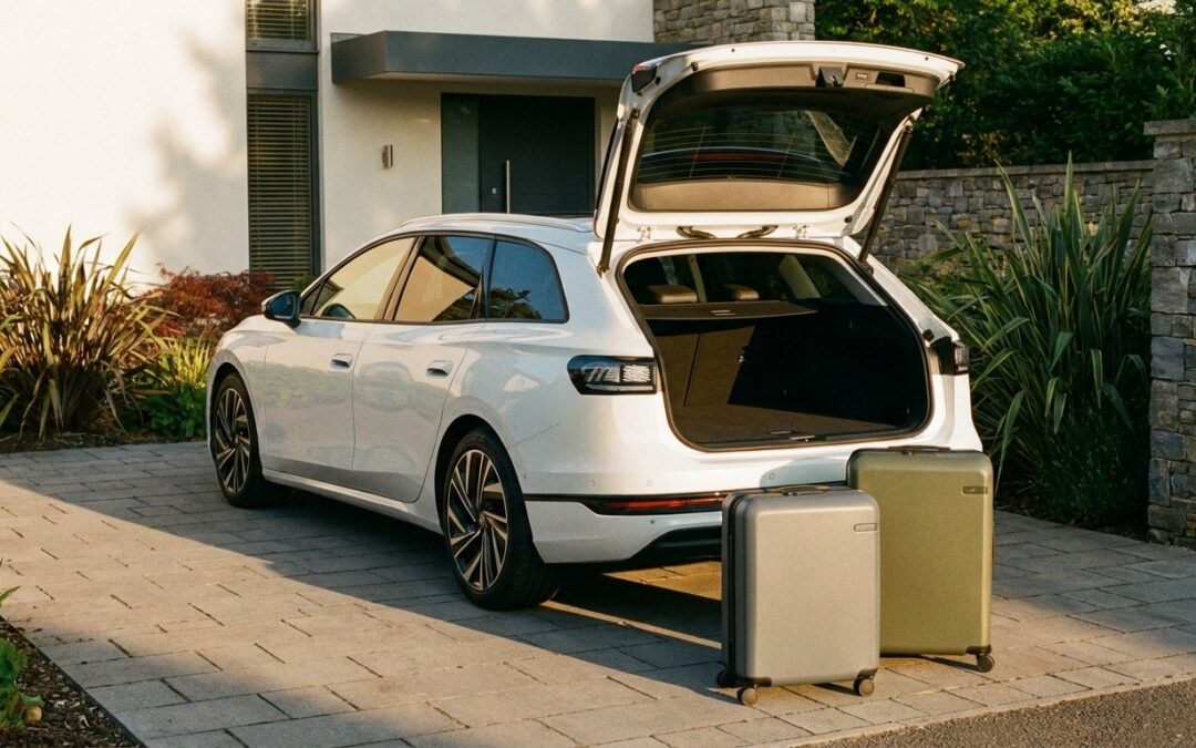 Auto auf die Urlaubsreise vorbereiten: ein modernes bepacktes Familienauto mit offener Heckklappe in der Einfahrt im Morgenlicht
