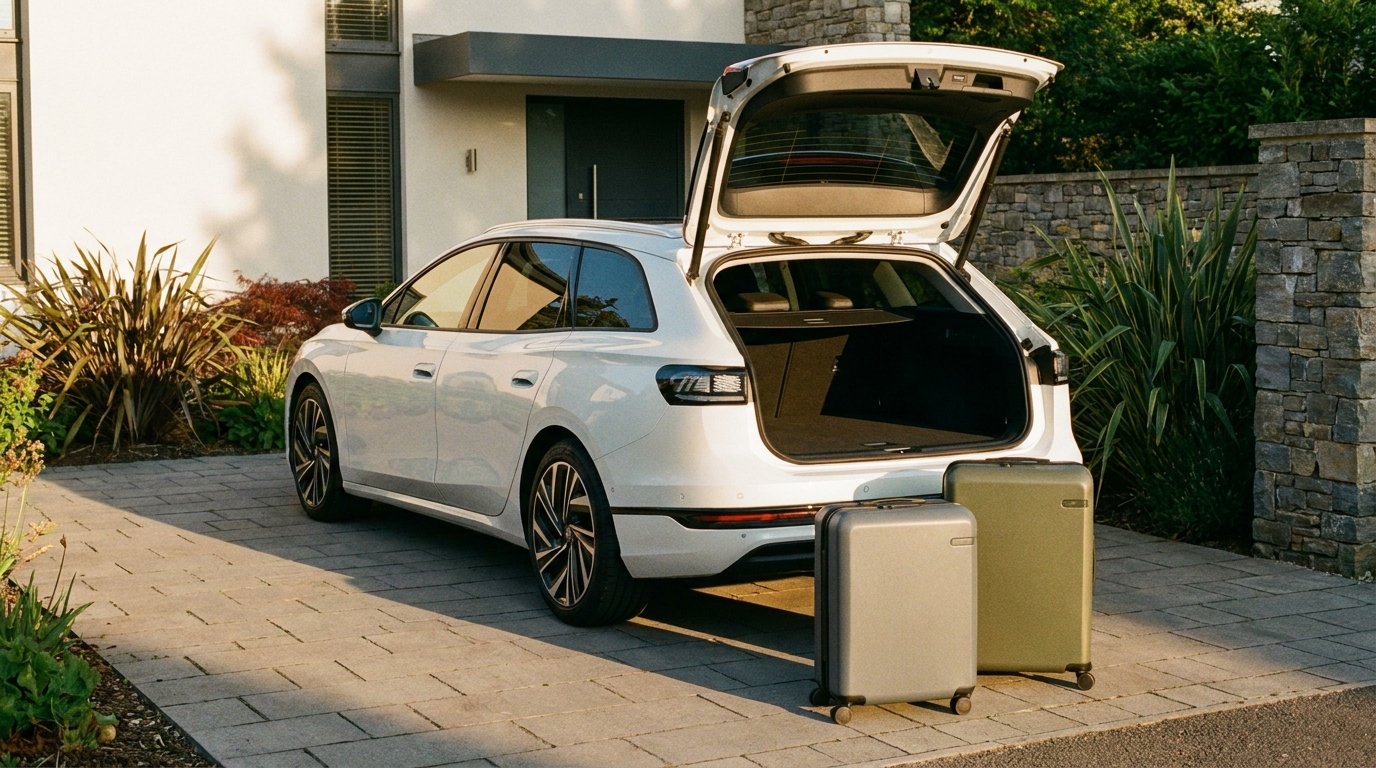 Auto auf die Urlaubsreise vorbereiten: ein modernes bepacktes Familienauto mit offener Heckklappe in der Einfahrt im Morgenlicht