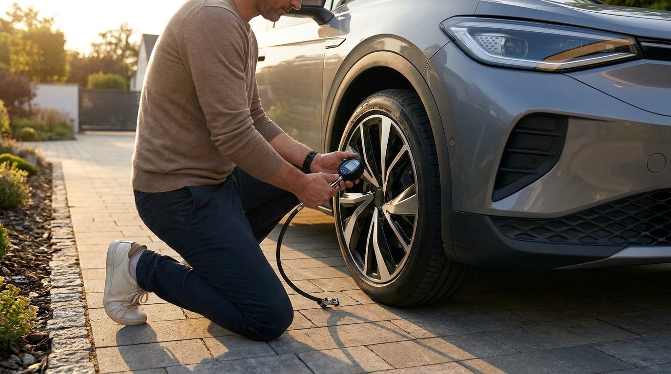 Reifen vor der Urlaubsreise prüfen: eine Person kontrolliert Luftdruck und Profil am Vorderrad eines modernen Autos