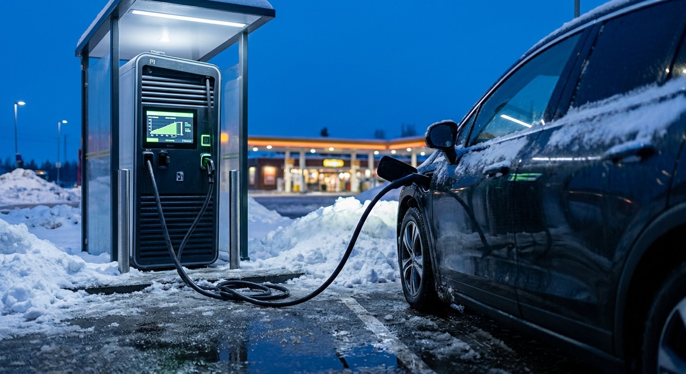 Elektroauto lädt an einer Schnellladesäule im Winter, Schnee am Rand der Parkbucht