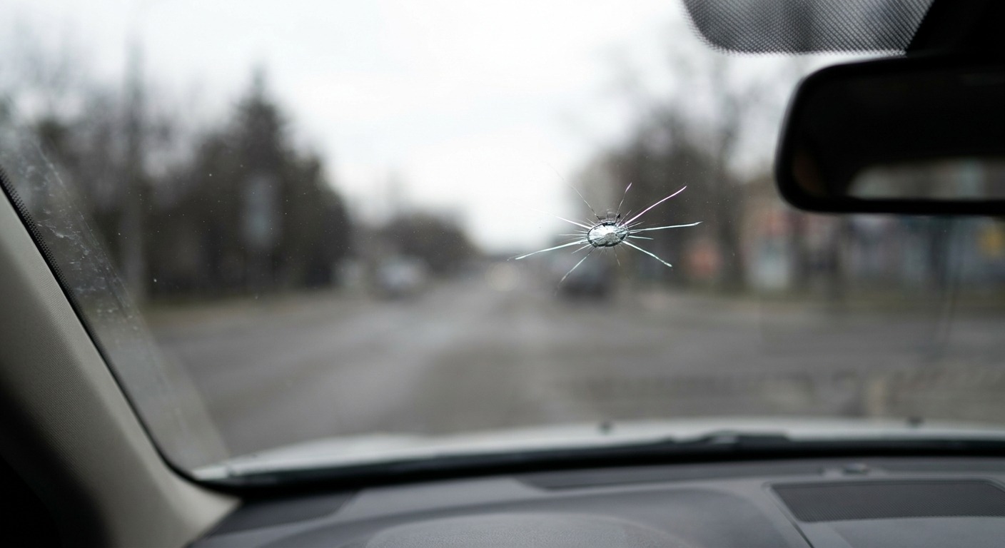 Kleiner sternförmiger Steinschlag in der Windschutzscheibe eines Autos