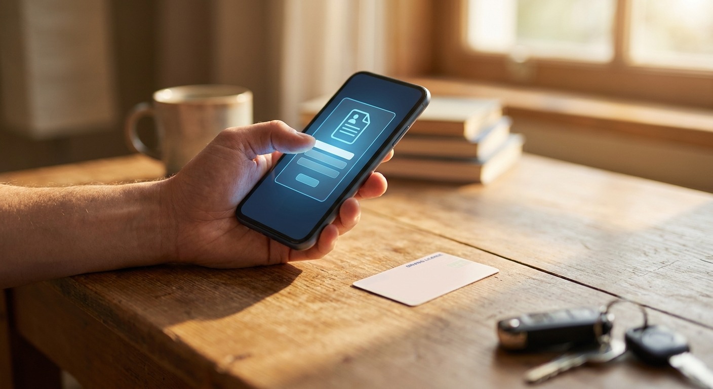 Smartphone mit digitaler Ausweis-Wallet neben einem Kartenführerschein auf dem Tisch