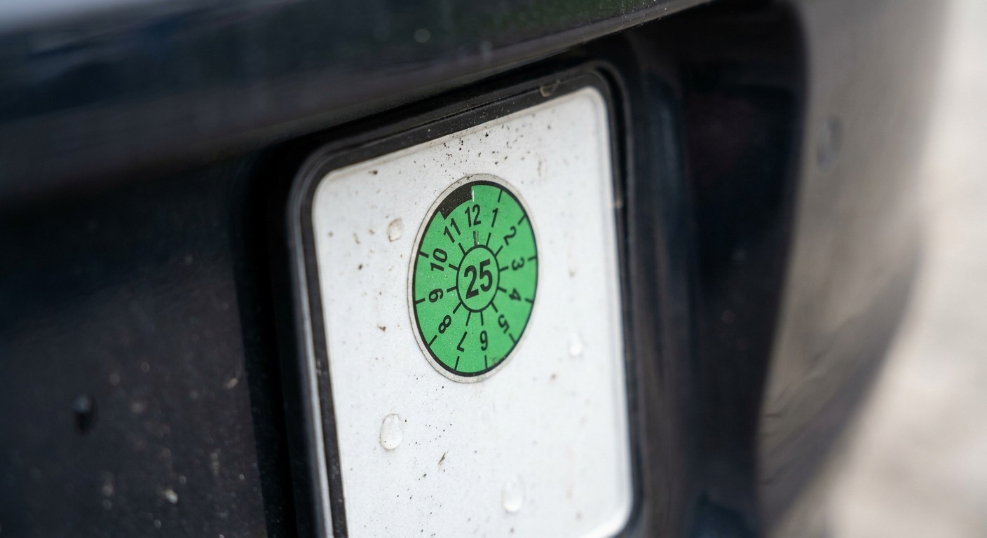 Nahaufnahme einer HU-Prüfplakette auf dem Kennzeichen mit lesbarer Jahreszahl