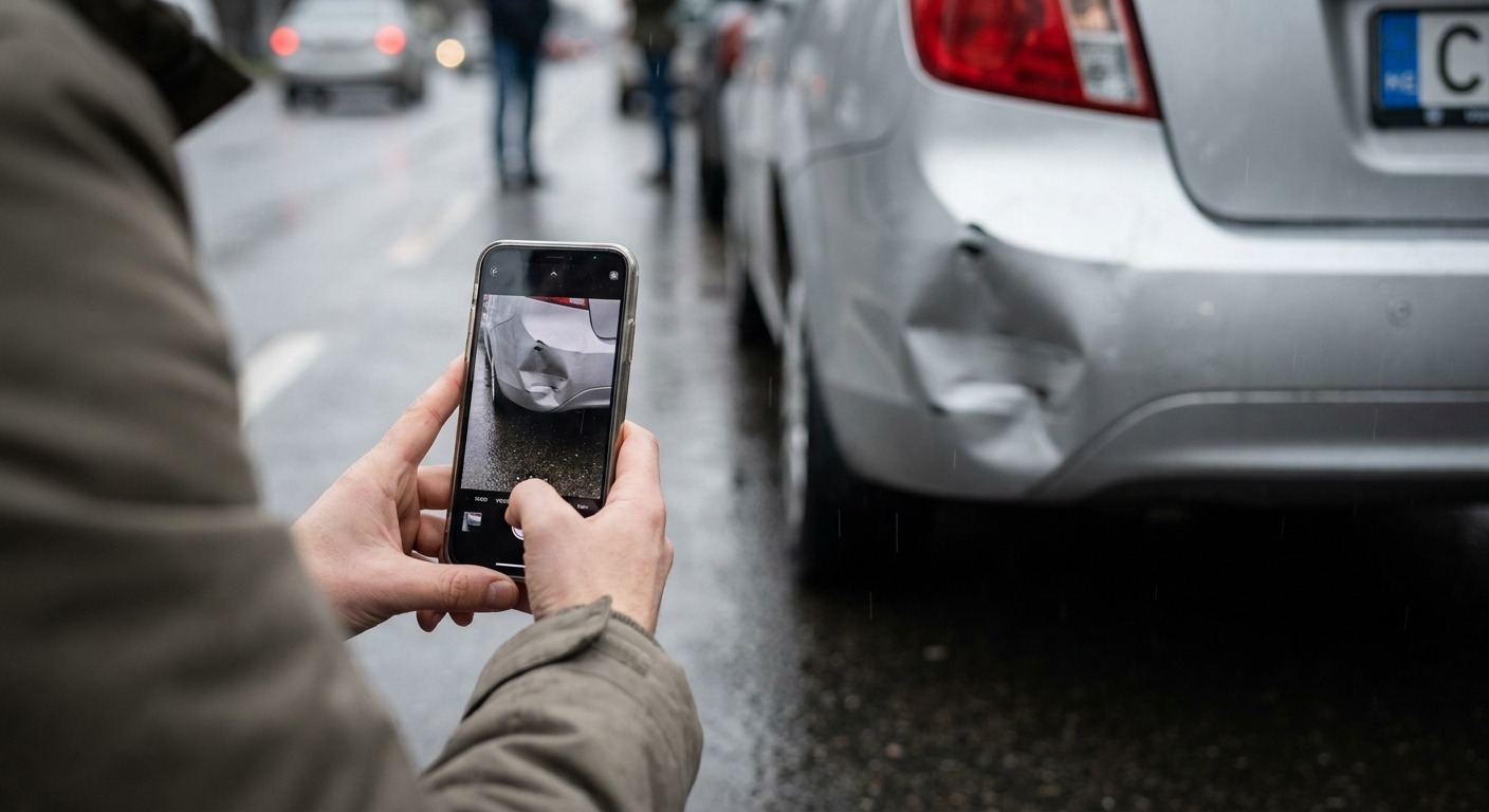 Hände fotografieren mit dem Smartphone einen beschädigten Stoßfänger nach einem Unfall