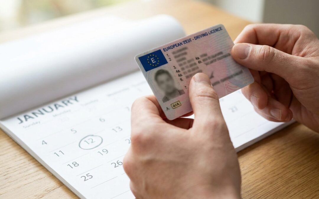 Hand zeigt auf das Ausstellungsdatum im Feld 4a eines Kartenführerscheins, um zu prüfen, wann man den Führerschein umtauschen muss, Kalender im Hintergrund