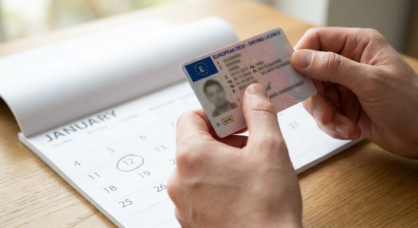 Hand zeigt auf das Ausstellungsdatum im Feld 4a eines Kartenführerscheins, um zu prüfen, wann man den Führerschein umtauschen muss, Kalender im Hintergrund