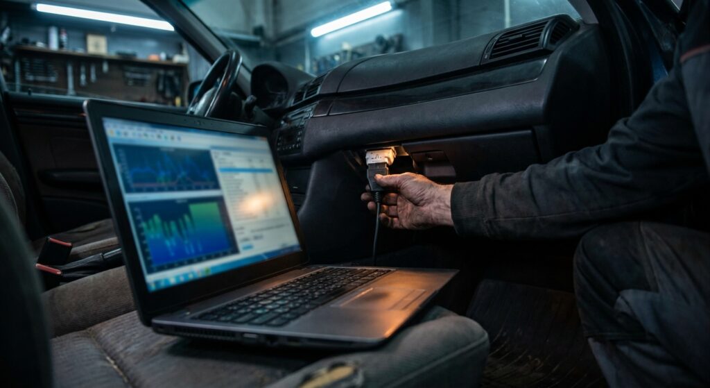 Mechaniker schließt ein Diagnosegerät an die OBD-Schnittstelle eines Autos an