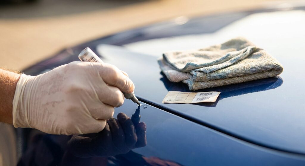 Hand bessert mit einem Lackstift einen Steinschlag am Lack einer Motorhaube aus
