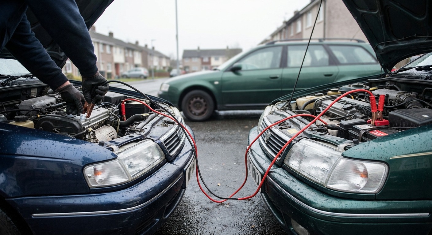 Hände schließen bei einer Autobatterie-Starthilfe ein schwarzes Kabel an einen Massepunkt am Motorblock an