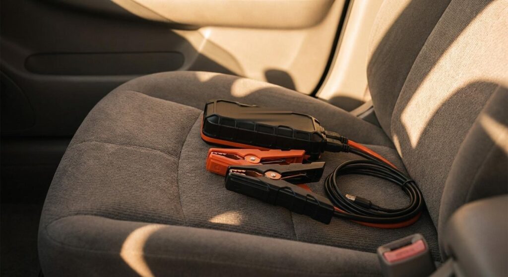 Kompakte Starthilfe-Powerbank mit Klemmen auf dem Beifahrersitz eines Autos