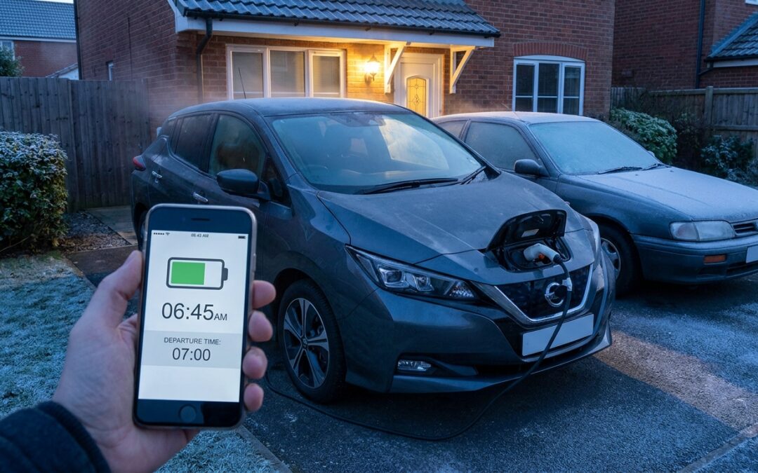 Elektroauto lädt im Winter am Morgen an der Wallbox, Windschutzscheibe eisfrei, Nachbarfahrzeug vereist
