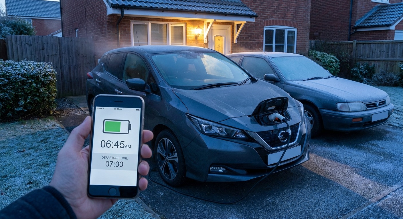 Elektroauto lädt im Winter am Morgen an der Wallbox, Windschutzscheibe eisfrei, Nachbarfahrzeug vereist
