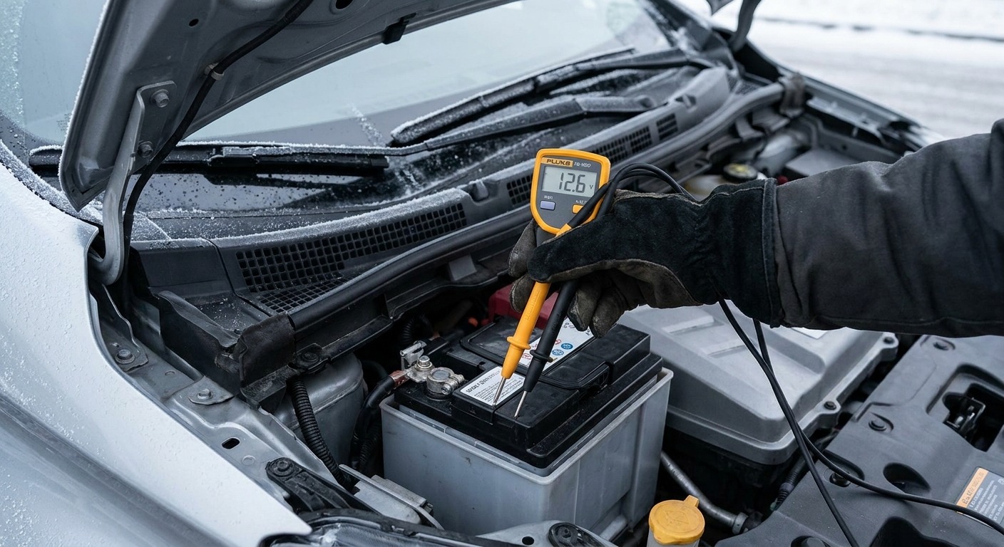Messgerät an den Polen der Zwölf-Volt-Batterie eines Elektroautos, Frost auf der Motorhaube
