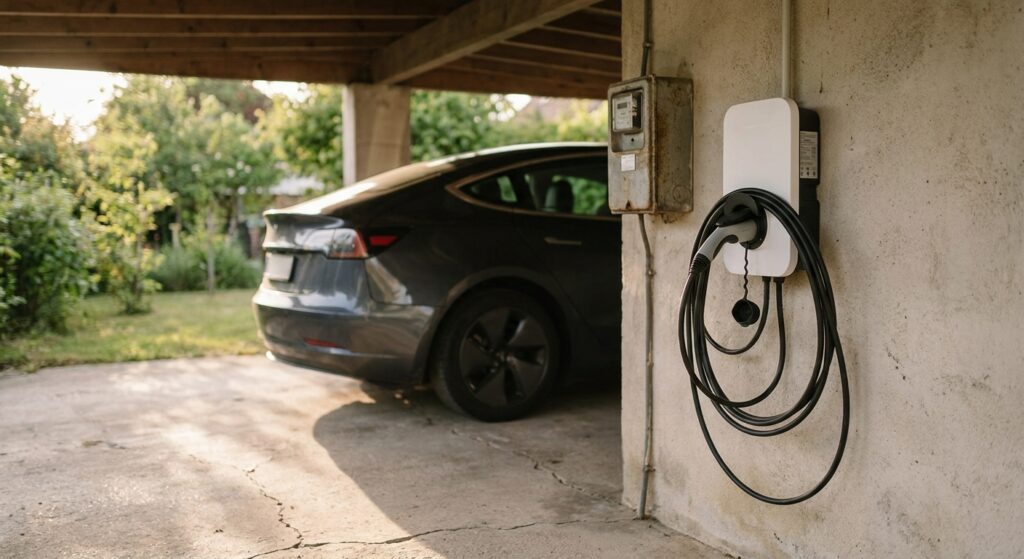 Elektroauto lädt an einer Wallbox im Carport, Zählerschrank an der Wand im Hintergrund