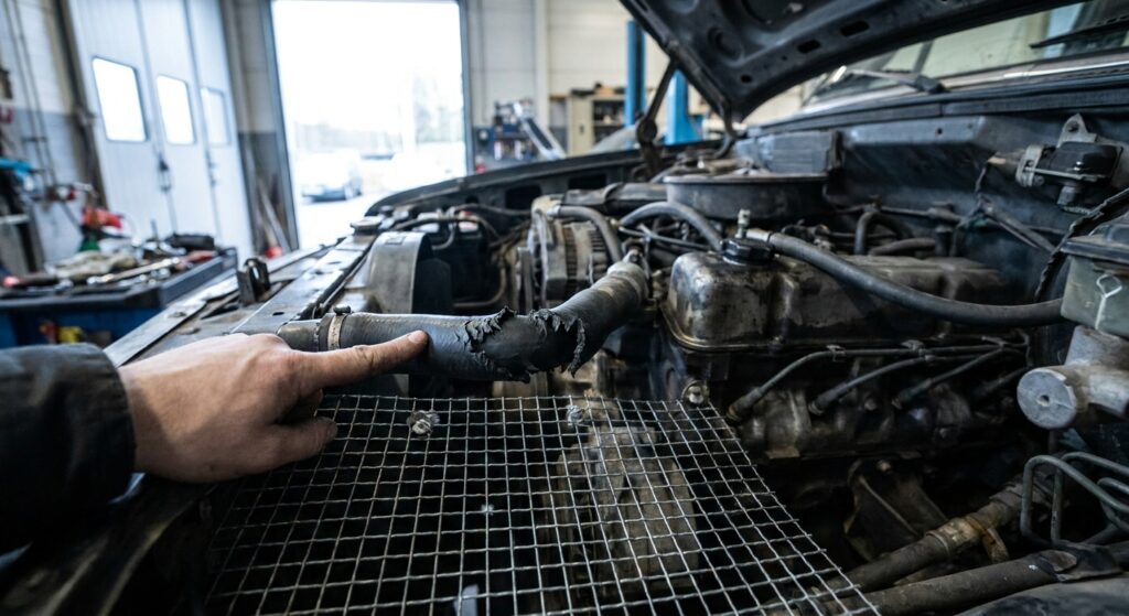 Angebissener Schlauch im Motorraum neben einem Drahtgitter als Marderschutz