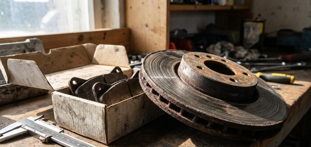 Abgenutzte Bremsscheibe und alte Bremsbeläge in einem Karton auf der Werkbank
