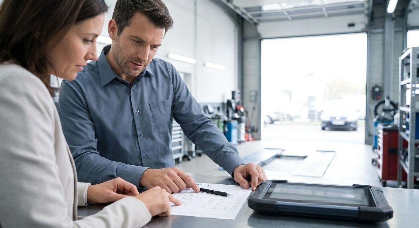 Werkstattmeister bespricht mit einer Kundin den Kostenvoranschlag am Tresen