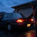 Zwei Personen prüfen abends die Rückleuchten und die Kennzeichenbeleuchtung eines Autos, um die Hauptuntersuchung zu bestehen