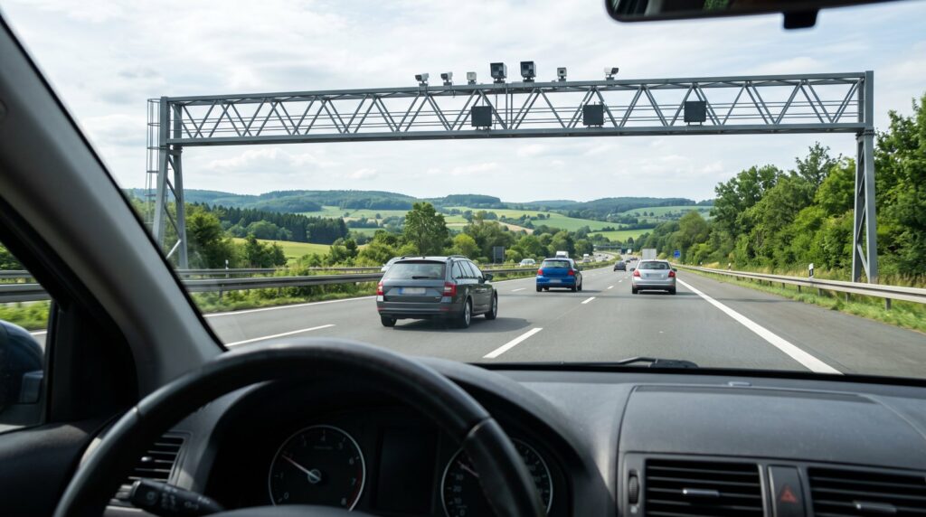 Blick durch die Frontscheibe auf eine Autobahn, über alle Spuren spannt sich eine Stahlbrücke mit Kameras, Schranken gibt es keine