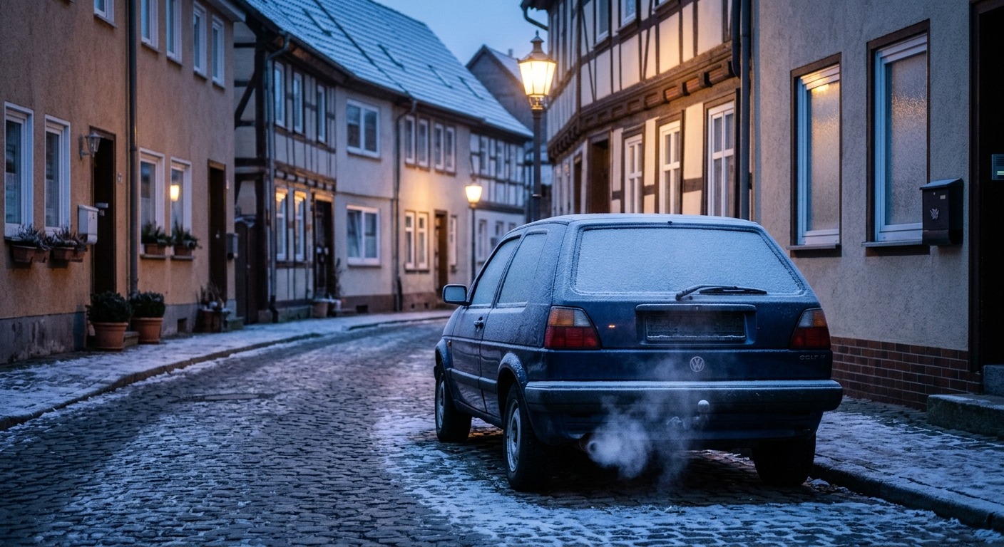 Bereiftes Auto läuft am Straßenrand vor Reihenhäusern warm, aus dem Auspuff steigt Dampf in die Morgenluft