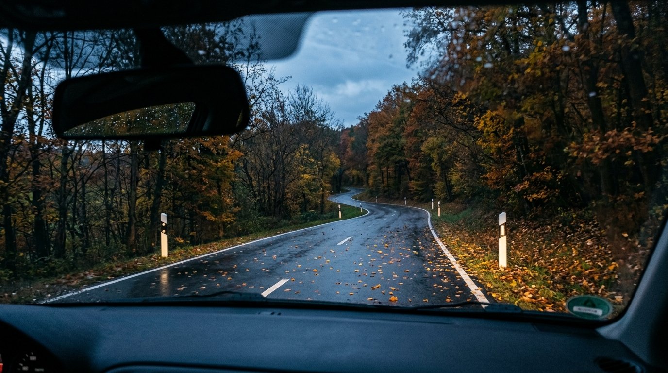 Blick durch die Frontscheibe auf eine nasse Landstraße in der Abenddämmerung, Laub auf dem Asphalt, Leitpfosten am Rand, Abblendlicht leuchtet die Fahrbahn aus