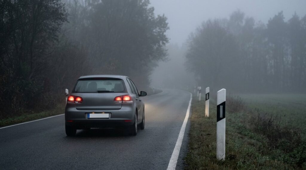 Landstraße im dichten Nebel, Leitpfosten am Straßenrand verschwinden nach wenigen Metern im Grau, ein Auto mit eingeschalteten Rückleuchten fährt voraus