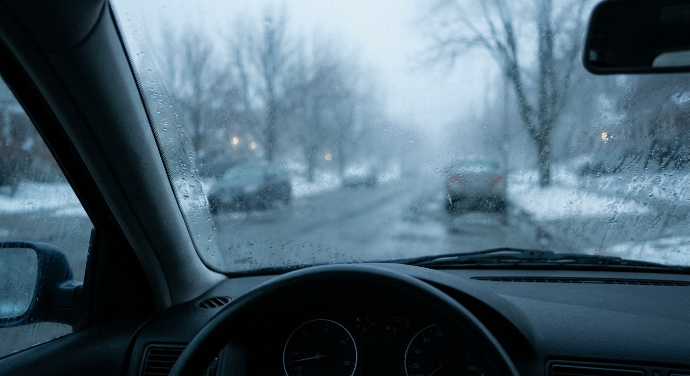 Von innen beschlagene Frontscheibe eines Autos mit schemenhafter Winterstraße dahinter im kühlen Morgenlicht