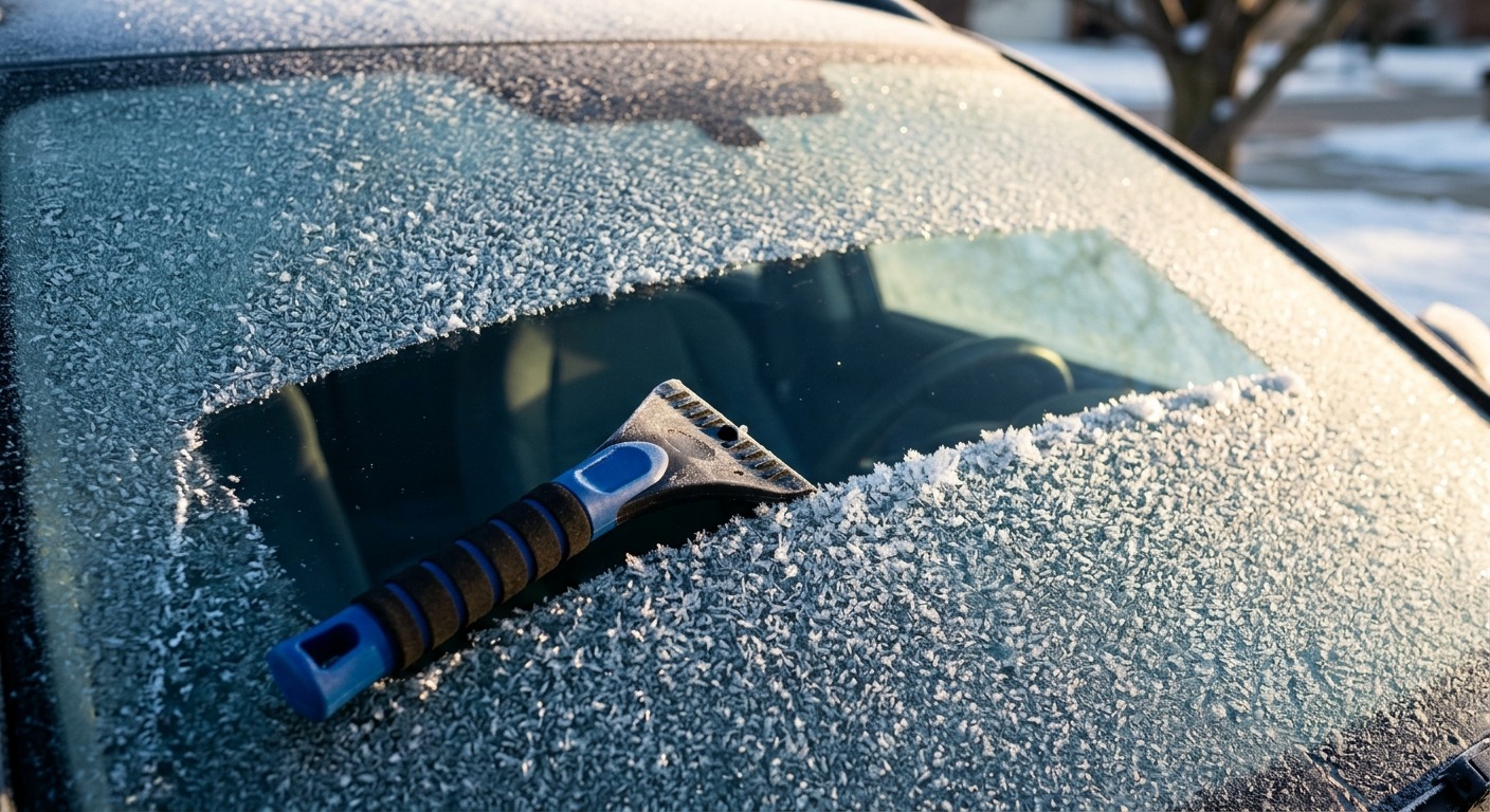 Eiskratzer auf einer vereisten Frontscheibe mit freigekratztem Streifen in der tiefen Morgensonne