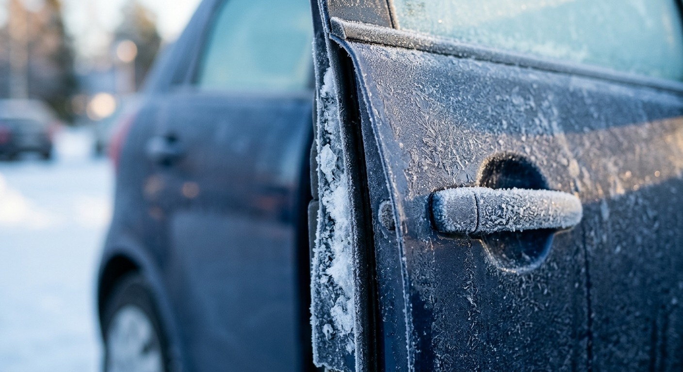 Zugefrorene Autotür eines dunkelblauen Autos mit Raureif am Türgriff und Eis im Türspalt