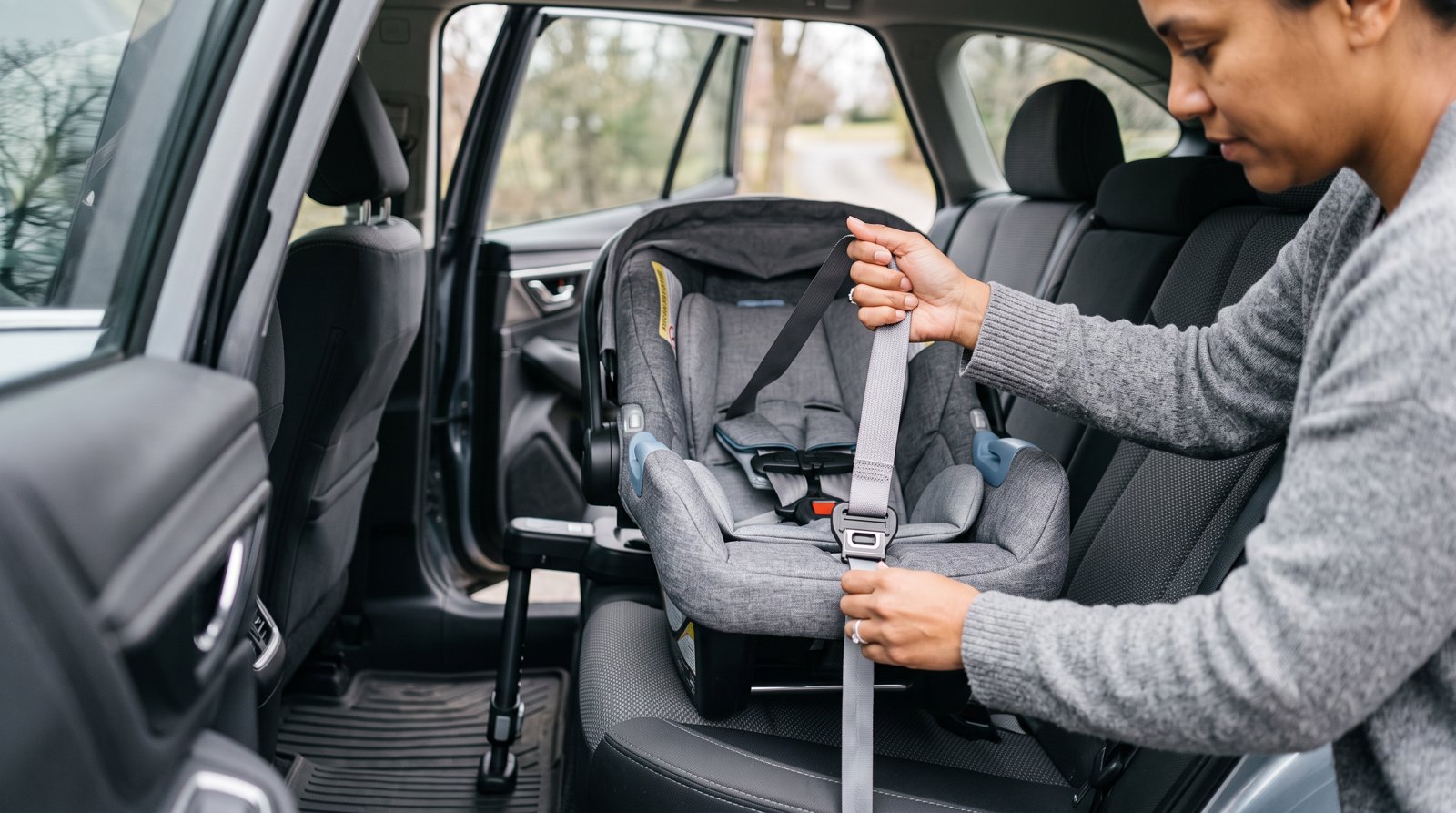 Frau strafft im Fond eines Autos den Gurt einer grauen Babyschale, die auf einer Basis mit Stützfuß steht